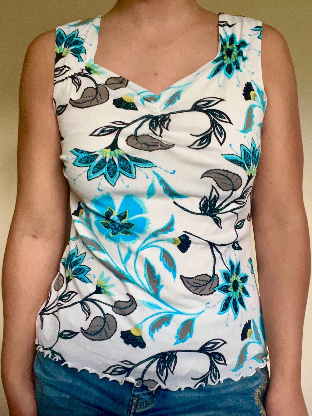 Sleeveless Floral Tank with Teal & Gray Accents